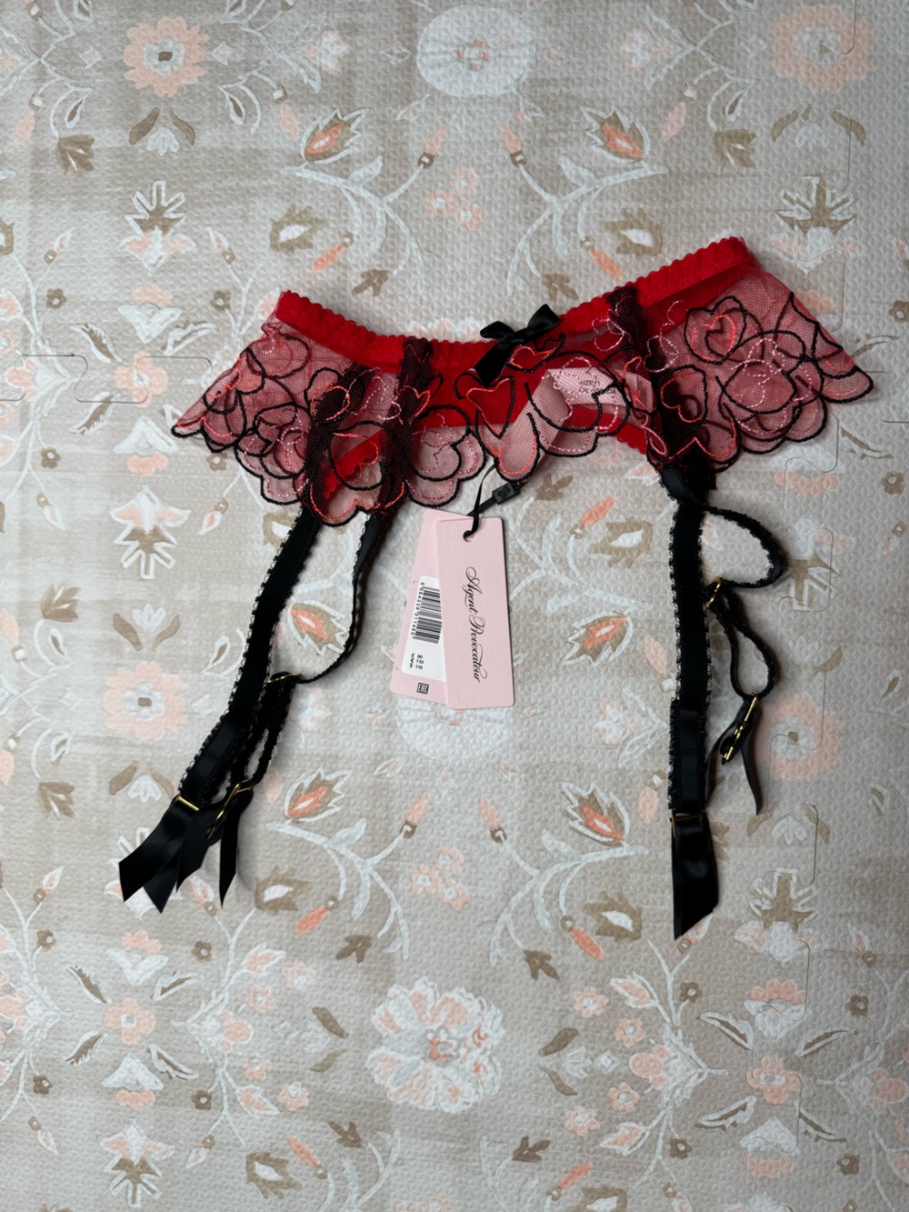 Agent Provocateur Red and Black Floral Lace Suspender Garter Belt